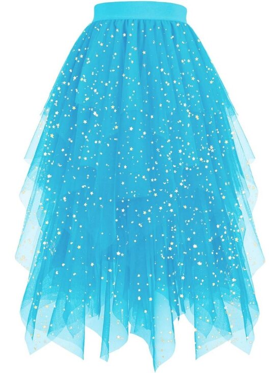 Dresses & Skirts - Women's Star Sequined Tulle High Low Layered Turquoise Sequin Mesh Midi Skirt